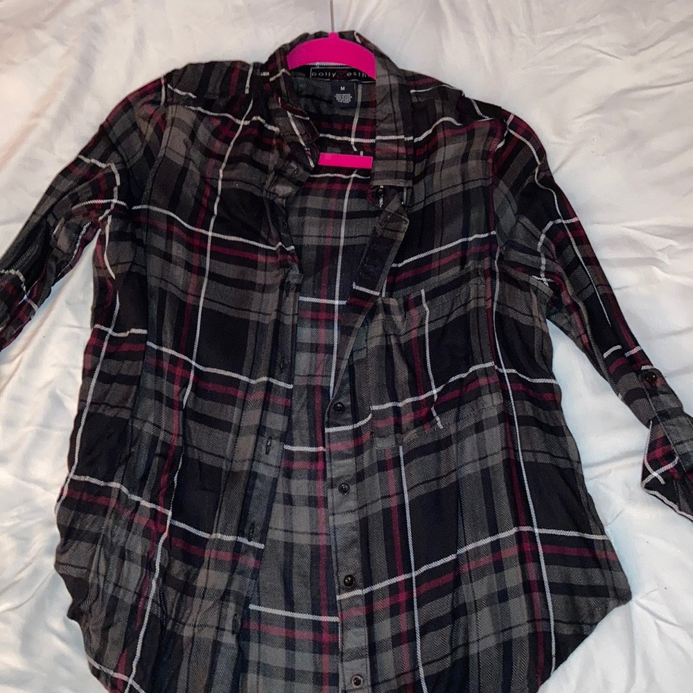 Black Grey Red Plaid Button Down